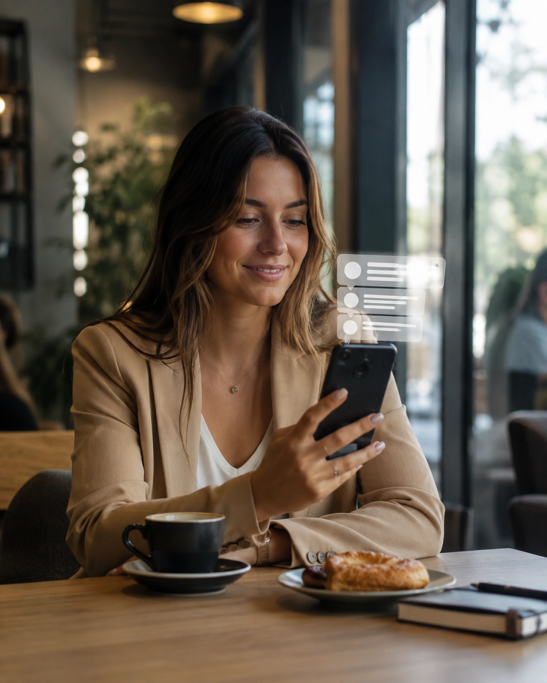Dueña de negocio sonriendo con el celular mientras le llegan notificaciones de nuevas consultas