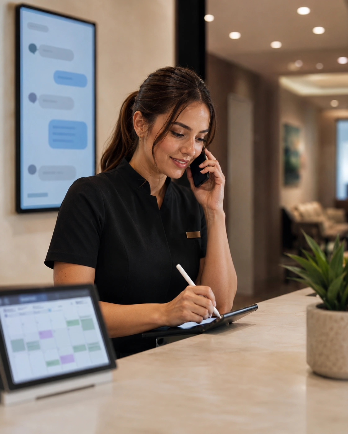 Recepcionista confirmando un turno por teléfono mientras lo anota en la agenda digital