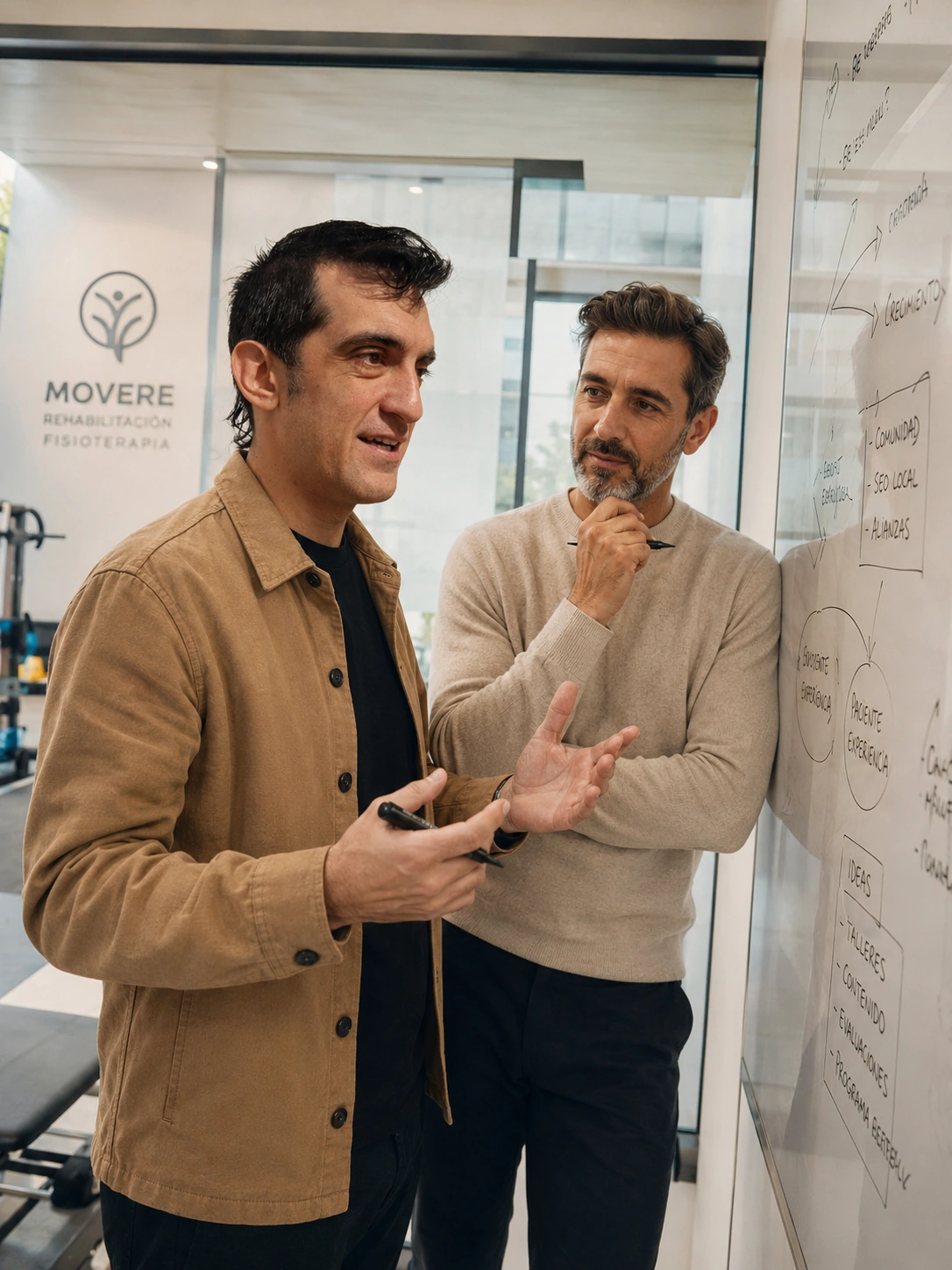 Dos personas frente a una pizarra con el mapa estratégico de próximos pasos