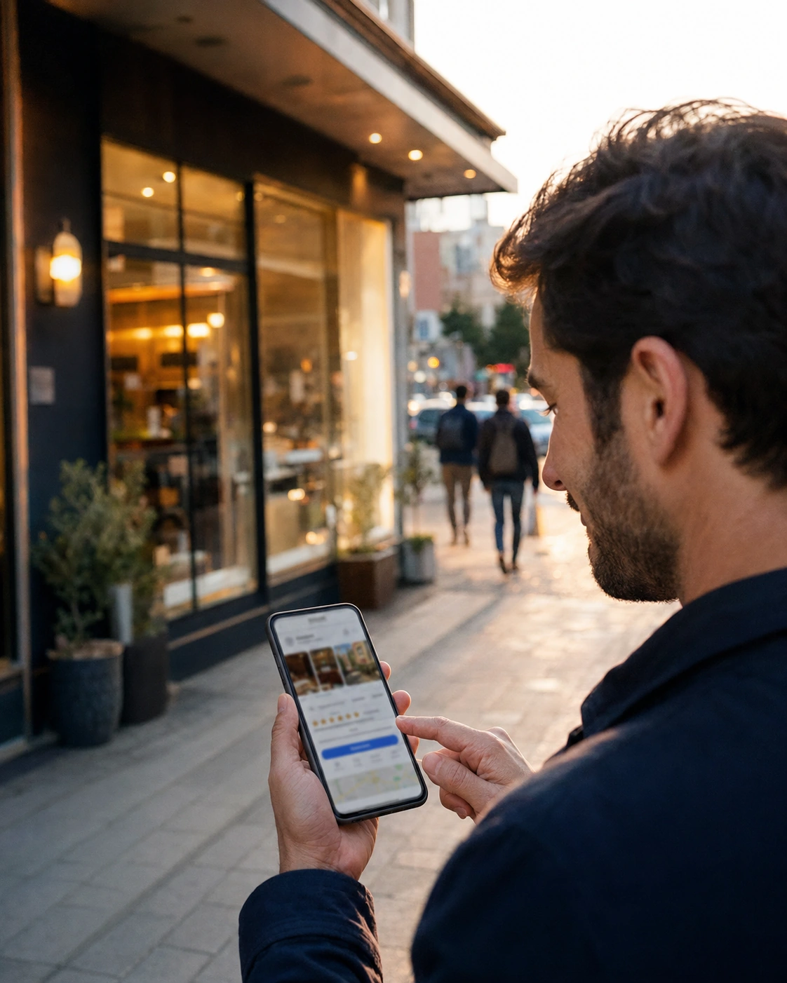 Cliente frente al local mirando la ficha del negocio en Google, con reseñas y fotos, a punto de contactarlo
