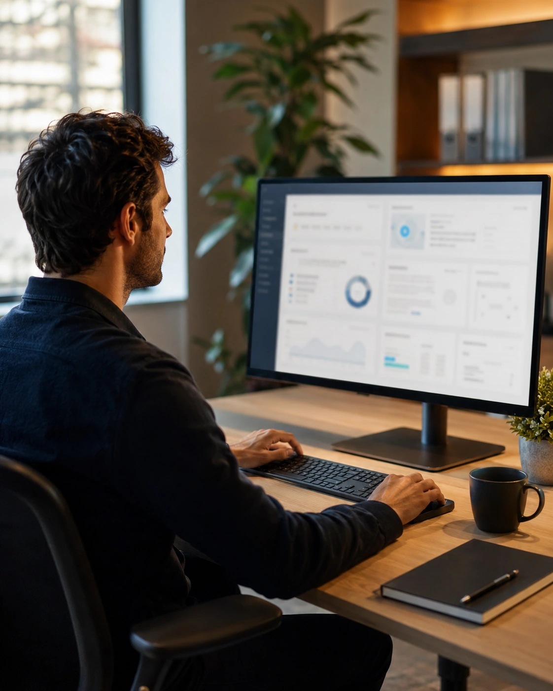 Empleado trabajando concentrado con el sistema interno, la información clara en pantalla