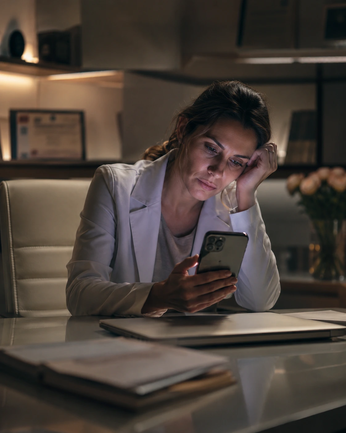 Dueña de clínica revisando mensajes sin responder al final del día