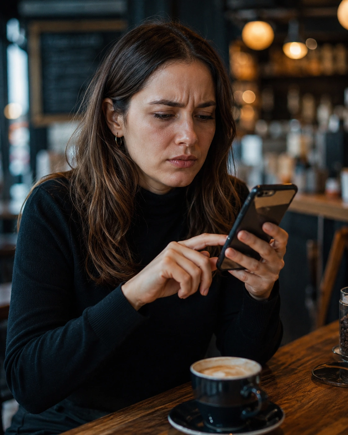 Persona mirando su celular con gesto de confusión frente a una web que no entiende