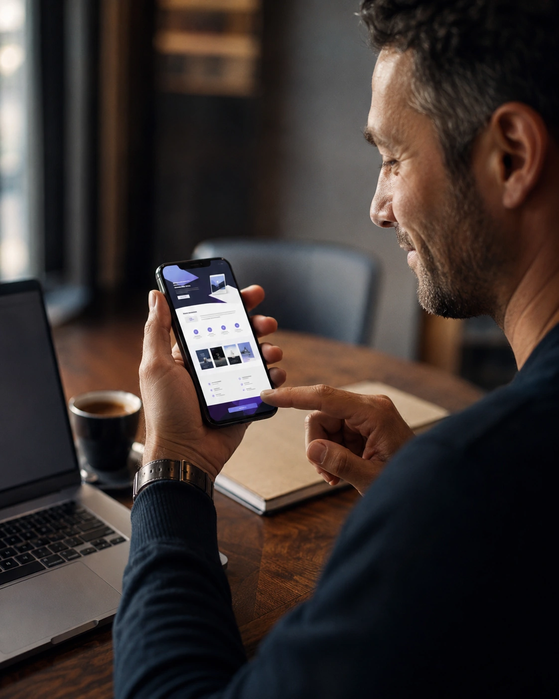 Cliente potencial leyendo con atención una web en su celular, con el dedo sobre el botón de contacto